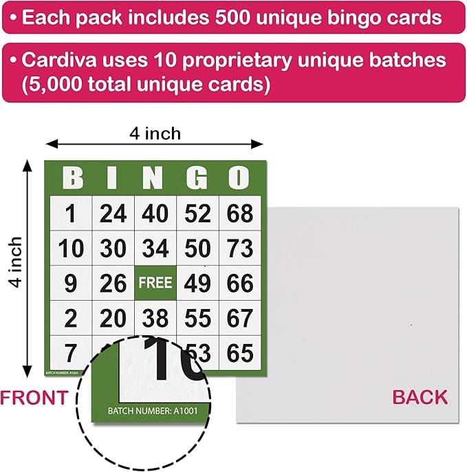 Cardiva Bingo Cards, 500 Unique Bingo Sheets (5 Colors, 4x4) – Disposable or Reusable Paper Bingo Cards for Large Groups, Parties, Classrooms, Events & Senior Game Nights – Tear-Off Pad-Bound Design