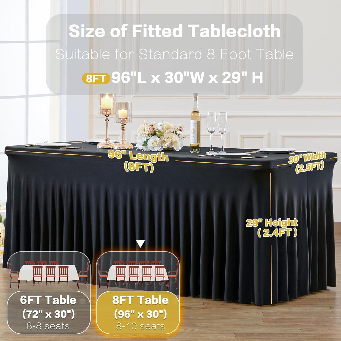 4 Pack Spandex Black Fitted Table Cloth for 8ft Rectangle Tables Black Stretch Tablecloth Table Covers Banquet Table Clothes Wrinkle Free Table Skirt for Parties Wedding