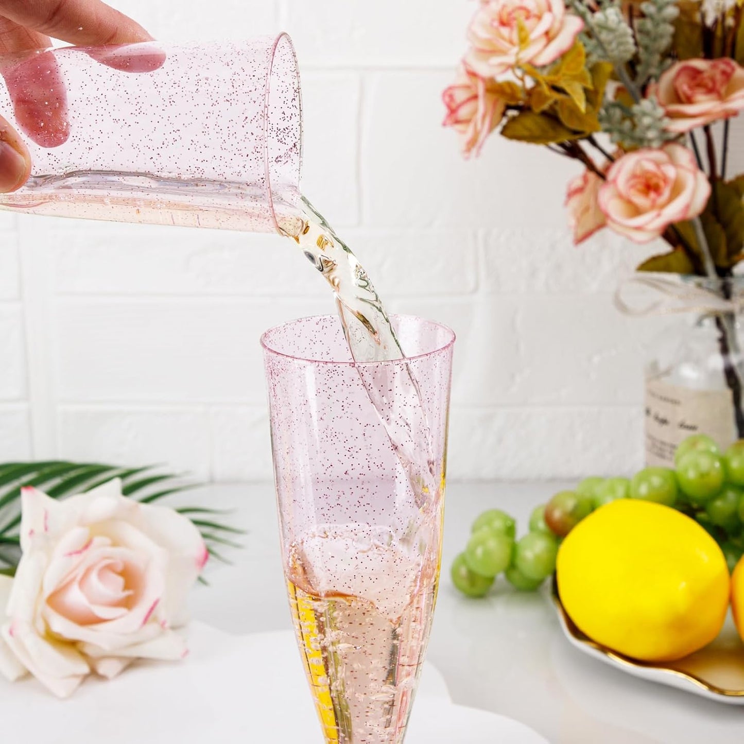 WDF 36 Pack Pink Glitter Plastic Champagne Flutes - 7OZ Disposable Pink Glasses Glitter Champagne Flutes Plastic for Party & Wedding
