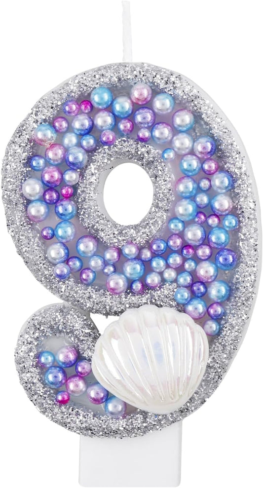 Girls Glitter 9 Birthday Number Candle, Pink Shell Sequins Blue Purple Pearls Number Birthday Candles for Boys Girls Birthday Cakes Mermaid Themed Birthday Decorations Party Supplies Number 9 Candle