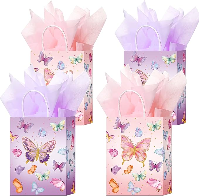 W WINTMING 16 Pcs Butterfly Gift Bags Butterflies Party Favor Bags with Tissue Paper Pink Purple Paper Goodie Bag Birthday Bag for Wedding, Birthday, Party Supplies and Gift (Butterfly)