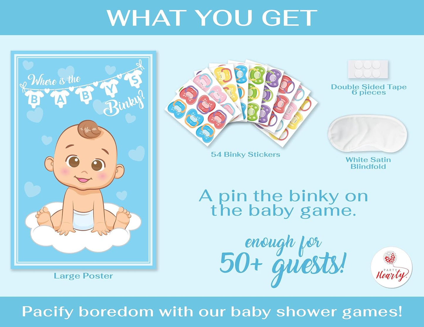 Party Hearty Funny Baby Shower Games for Boy, Blue Pin The Pacifier on The Baby Game, Where is The Baby’s Binky, Pin The Dummy on The Baby
