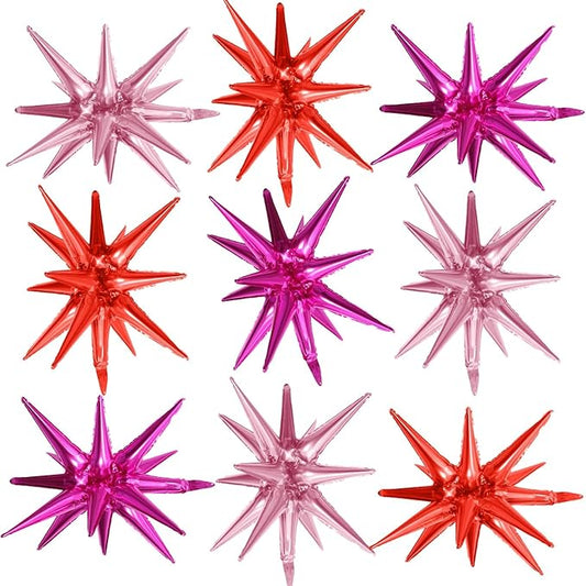Hot Pink Red Star Balloons,9Pcs 22Inch Pink Red Explosion Spike Cone Helium Polyester Film Star Foil Balloons for Birthday Anniversary Baby Shower Valentine's Day Disco Party Decorations