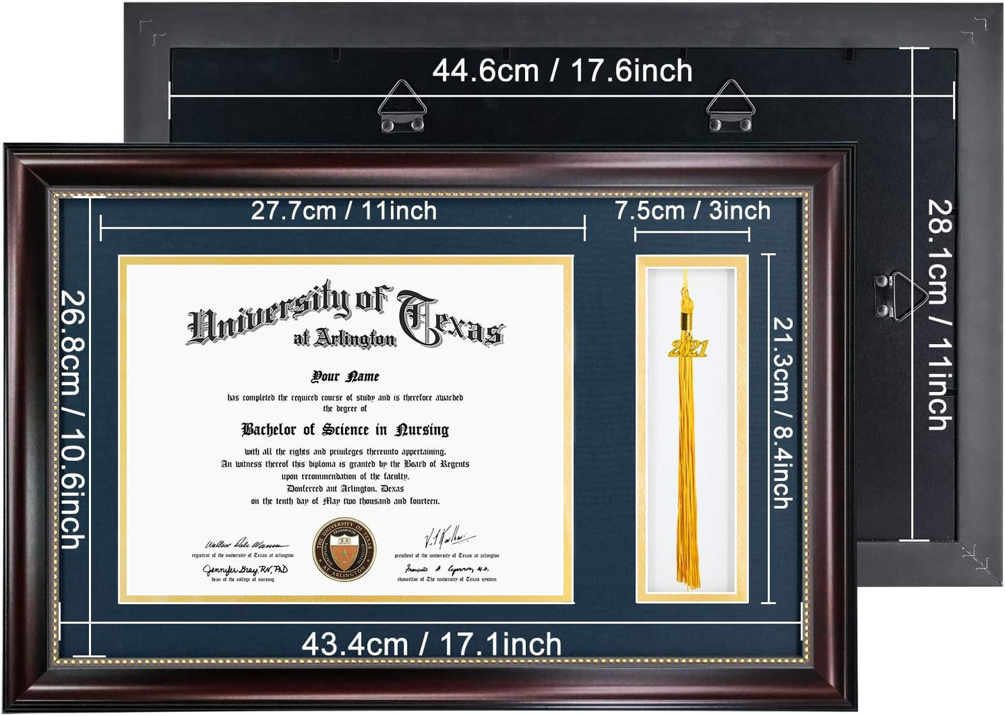 GraduationMall 11x17 Mahogany Diploma Frame with Tassel Holder for 8.5x11 Certificate Document,Real Glass, Navy Blue over Gold Mat
