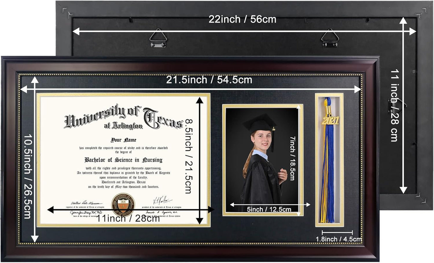 GraduationMall 11x22 Mahogany Diploma Frame with Tassel Holder and Picture for 8.5x11 Certificate 5x7 Photo,Real Glass,Black over Gold Mat