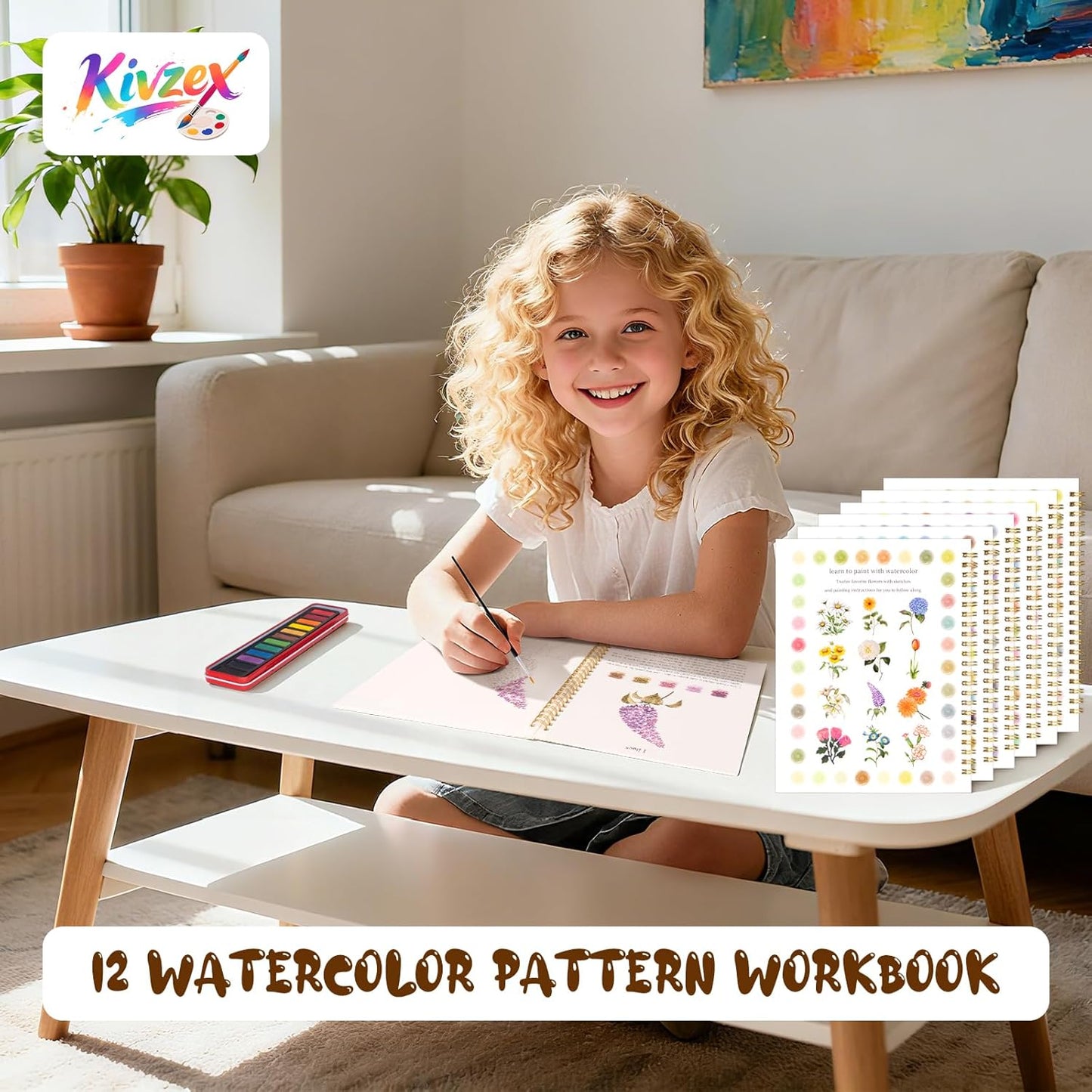 Kivzex Watercolor Workbook for Adults, Beginner Friendly Watercolor Painting Kit Flowers Water Coloring Book, Nature-Themed Practice Art Gift Water Color Paint Book with Palette and Brush