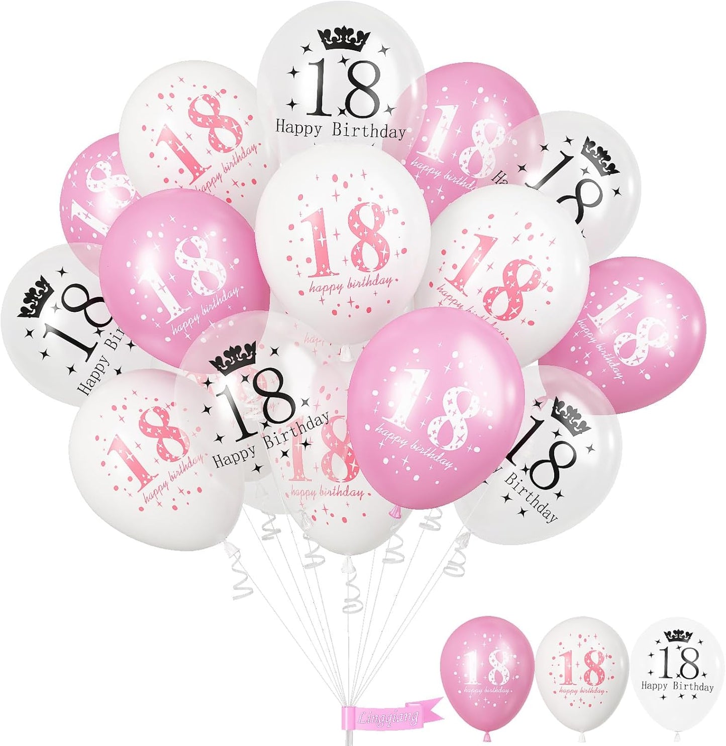 Happy 18th Birthday Balloons for Girls, Pack of 15 Pink White 18th Birthday Party Decorations for Her, 12 Inch 18th Latex Helium Balloons for Girls Age 18 Year Old Birthday Party Decorations Supplies