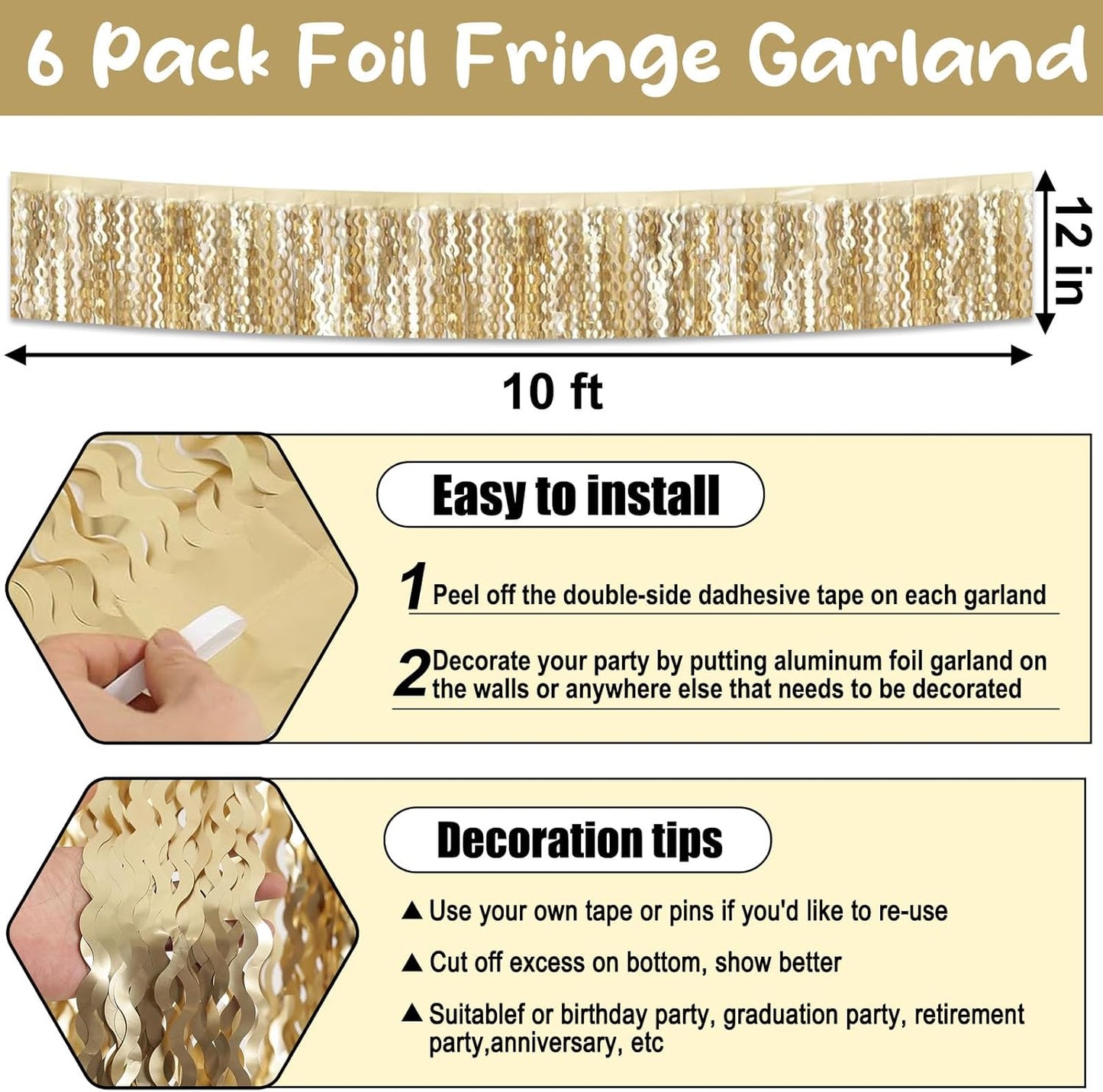 6 Pack 10 Feet Champagne Gold Wave Foil Fringe Garland Metallic Tinsel Streamers Banner Wall Hanging Curtain Backdrop for Parade Floats, Mother's Day, Easter, Wedding, Birthday Party Decoration