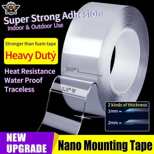 Extra Large 1" x 200" Double Sided Tape，Clear & Tough Heavy Duty Nano Mounting Tape
