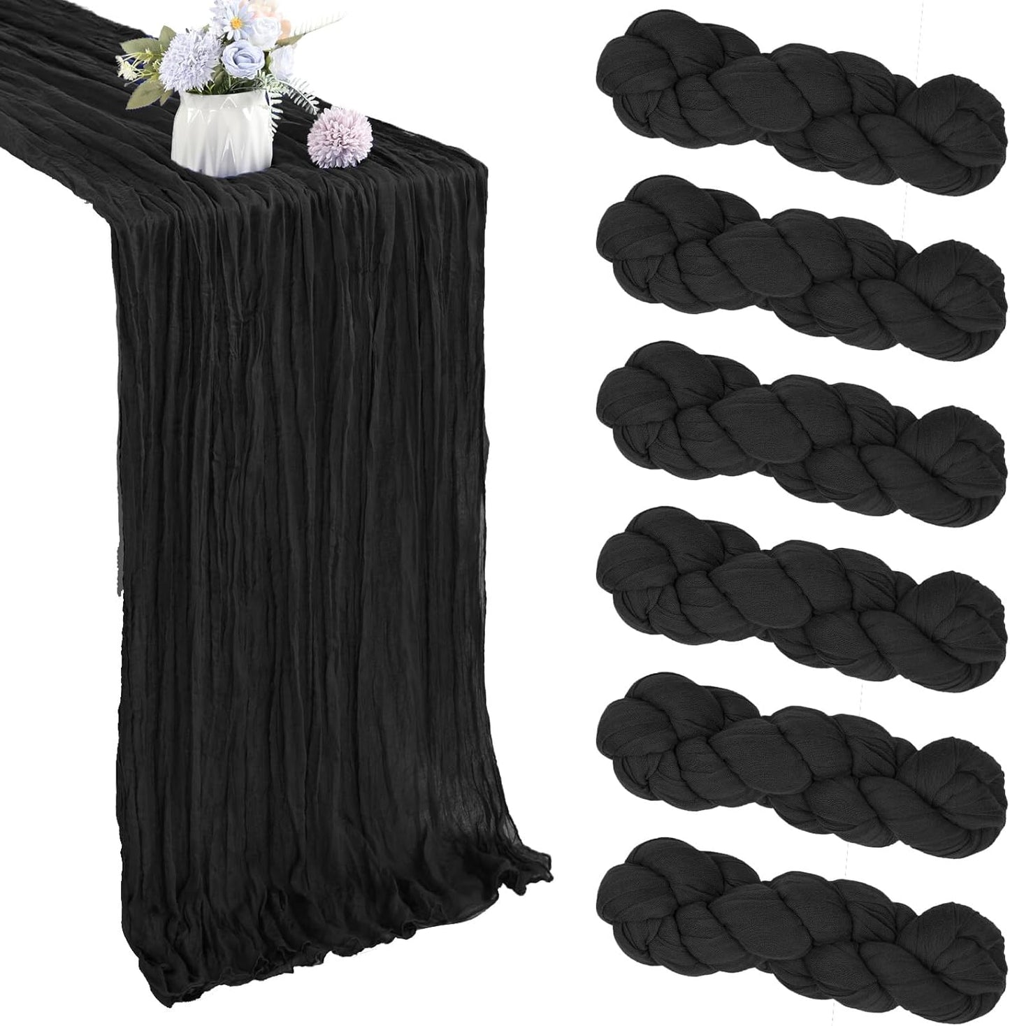 6 Pack 10FT Black Cheesecloth Table Runner 35x120 Inch Gauze Rustic Boho Table Runner Cheese Cloth for Wedding Decor Birthday Party Bridal Baby Shower Table Centerpiece Decoration