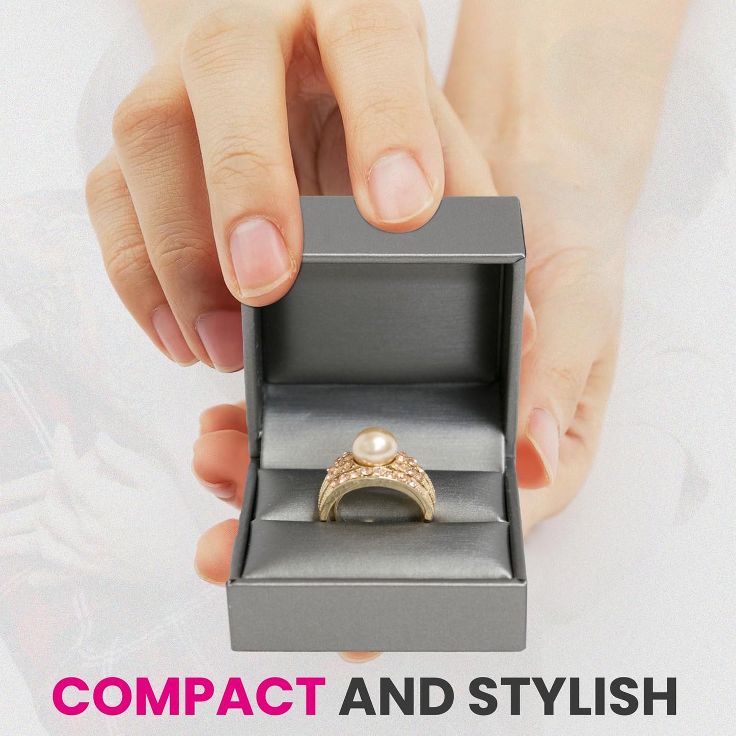 Novel Box Silver Jewelry Box for Rings 2.37x2.37x1.87 Inches - Slot Ring Gift Box for Proposal Wedding Engagement - Faux Leatherette Jewelry Display Box - Gift Presentation Boxes for Rings