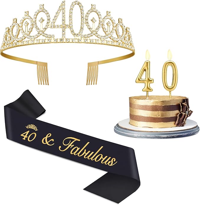 40th Birthday Decorations for Women with Sash Black and Tiara Gold, Number Candles Gold, Womens 40 Birthday Decorations
