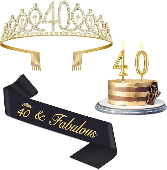 40th Birthday Decorations for Women with Sash Black and Tiara Gold, Number Candles Gold, Womens 40 Birthday Decorations