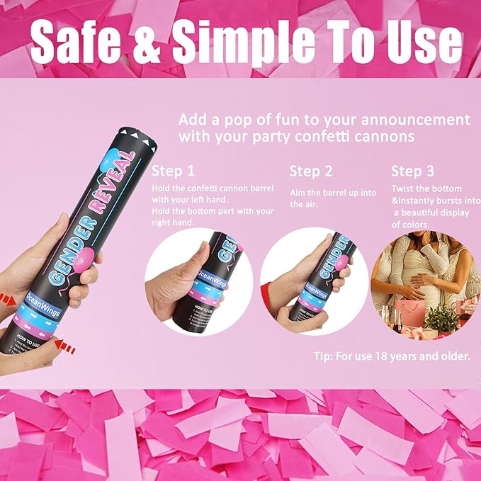 Gender Reveal Pink Confetti Cannon,Biodegradable Party Poppers for Girl, Baby Gender Reveal Decoration Ideas Party Favors 2 Pack