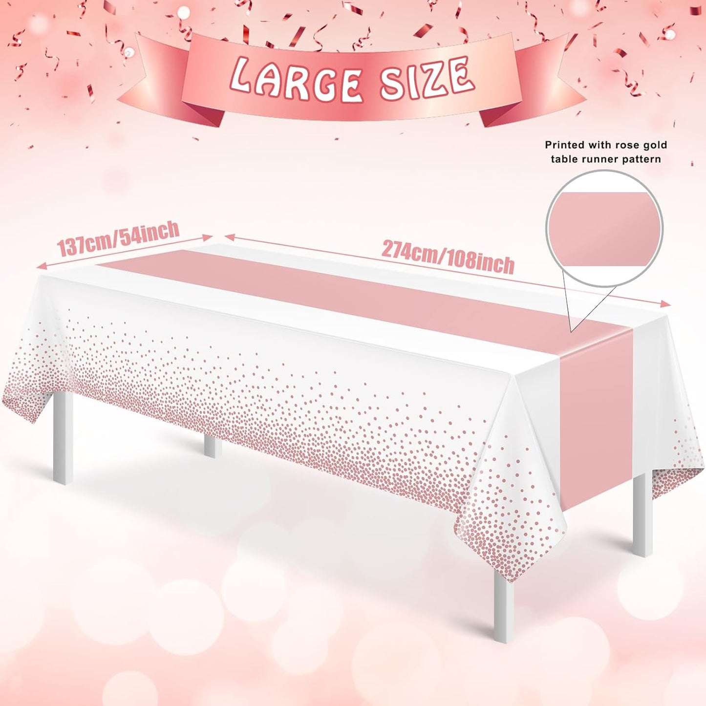 6Pcs White and Rose Gold Tablecloth Party Decorations,Plastic White Table Cloth Printed Rose Gold Table Runner Disposable Rectangle Table Cover for Birthday Anniversary Wedding Grad Party,54 x108 Inch