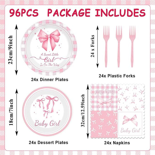 96Pcs Pink Bow Baby Shower Party Supplies Girl Bow Paper Plates Napkins Coquette Baby Girl Shower Party Decorations Dinnerware Favor Girls Bowknot Coquette Decor Dinnerware Favor Tableware Serves 24