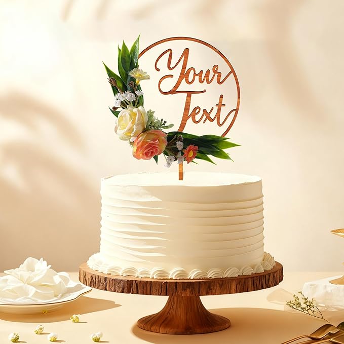 CustomText Wedding Cake Topper with 3D Artificial Flowers and Green Leaves Personalized Your Text Birthday Cake Decoration (Oak Finish)