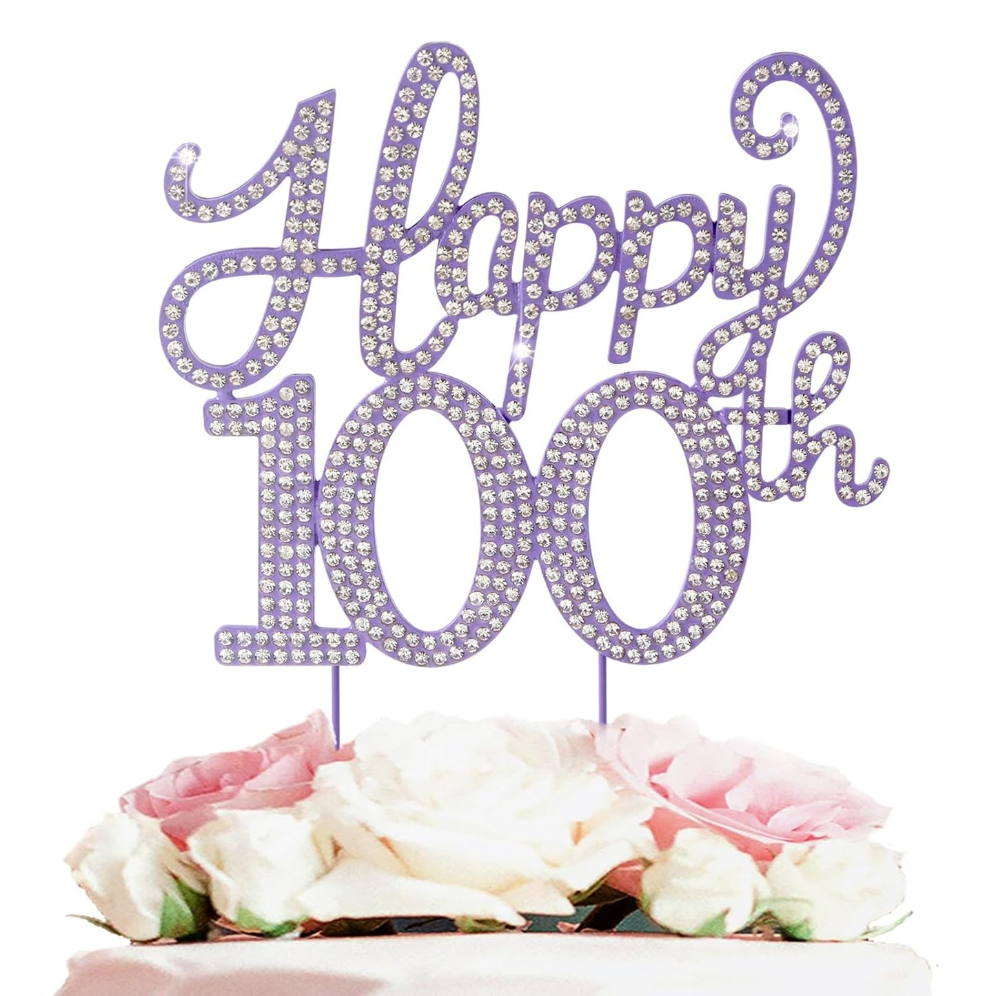 Happy 100th Birthday Decorations,100th Birthday Purple Rhinestone Cake Topper - Cheers to 100 Years Old Bday Party Metal Sparkly Cake Centerpieces Sign.