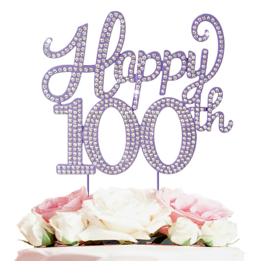 Happy 100th Birthday Decorations,100th Birthday Purple Rhinestone Cake Topper - Cheers to 100 Years Old Bday Party Metal Sparkly Cake Centerpieces Sign.