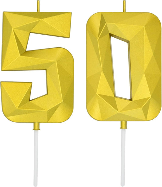 DERVENTA Large Birthday Candle Number 3D Gold 3.7 inch Party Celebration Anniversary Decoration Cake Topper 1 Piece (Number 50 Gold)