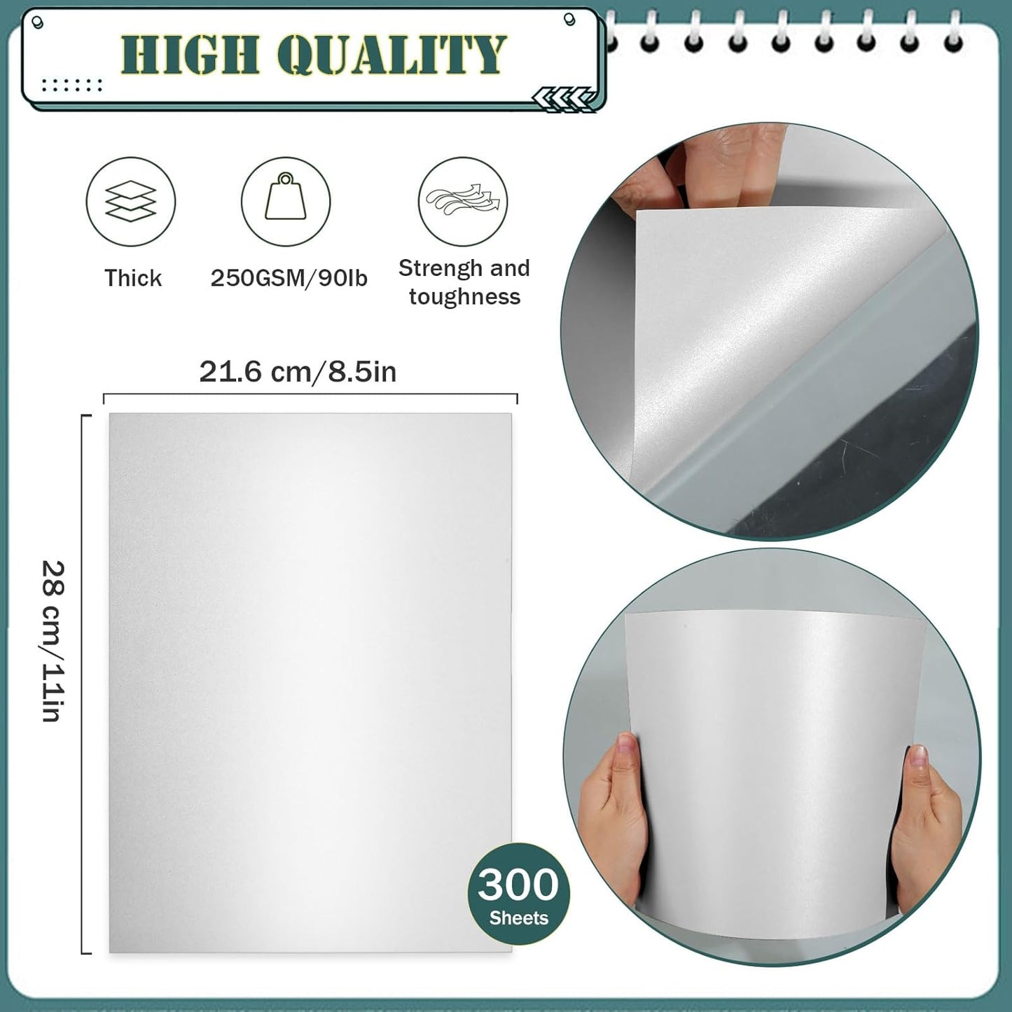 300 Sheets Shimmer Cardstock 8.5 x 11 Inch Certificate Paper, 250gsm/92lb Double Sided Pearlescent Paper for Invitations, Certificates, Crafts, DIY Cards (Silver)