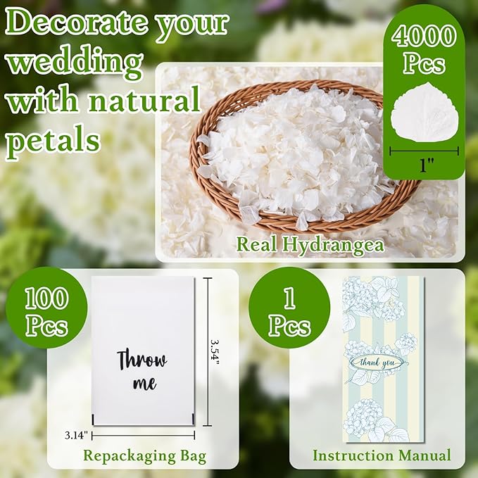 Dried Hydrangea Flower Petals Toss Packs - 4000+ Real Creamy White Flower Petals, 110 Throw Me Packs Wedding Confetti for Wedding Ideas, Valentines Day & Romantic Night Decor