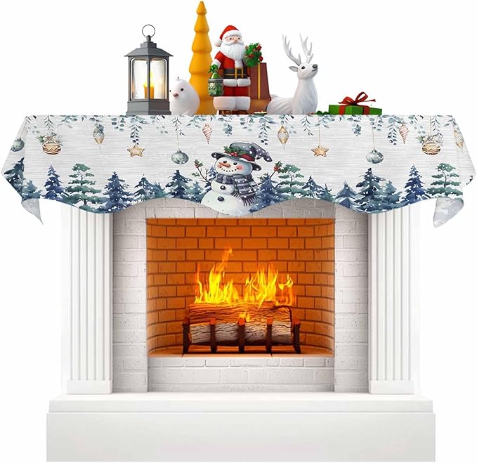 Blue Christmas Fireplace Mantel Scarf Table Runner, Snowman Eucalyptus Leaves Xmas Snowflake Winter Garland Mantel Top Tablerunners Dresser Scarves Cover for Windows Party Living Room 70''x17''