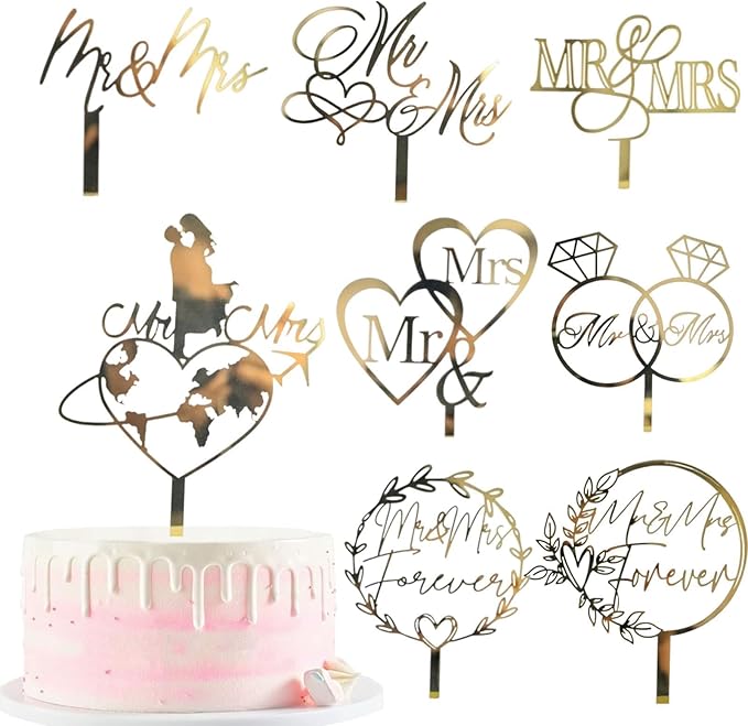 8Pcs Gold Mr & Mrs Acrylic Cake Topper Mirror Acrylic Wedding Cake Decoration for Wedding Engagement Anniversary Cake Decor Supplies