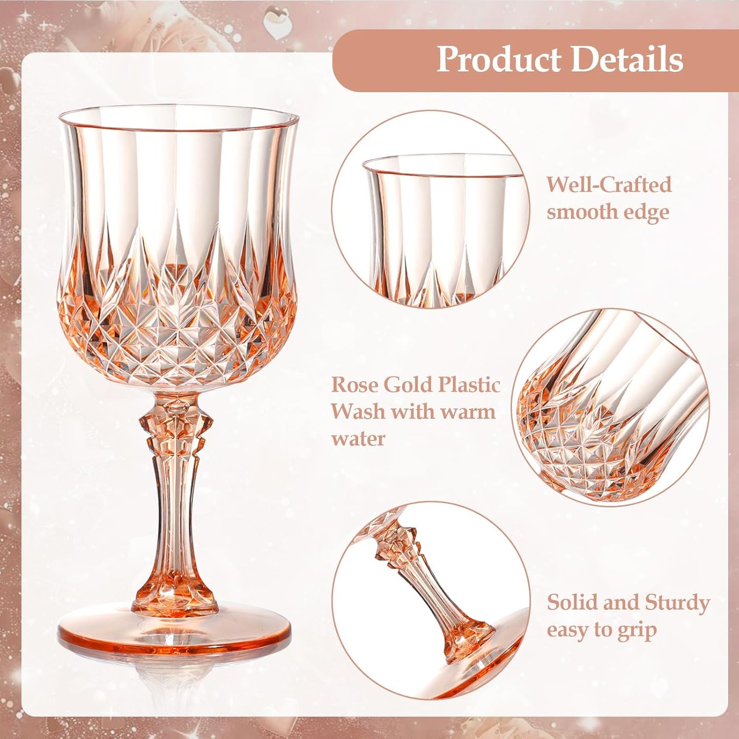XUWAIDSGN 7oz Plastic Vintage Wine Glasses Drinking Glasses Unbreakable Wedding Glassware Crystal Water Goblets Reusable Drinkware Vintage Champagne Flutes (48, Pink)