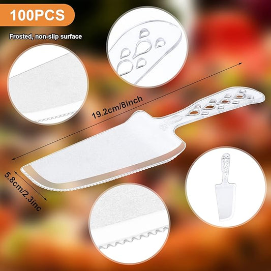 100 PCS Disposable Plastic Cake Cutter and Server 8x2.3 In Clear Cake Plastic Server Cutter Plastic Cake Server Cutting for Pie Tart Cake Pizza Pastry Baking Cutter Holder Transfer for Kitchen Wedding