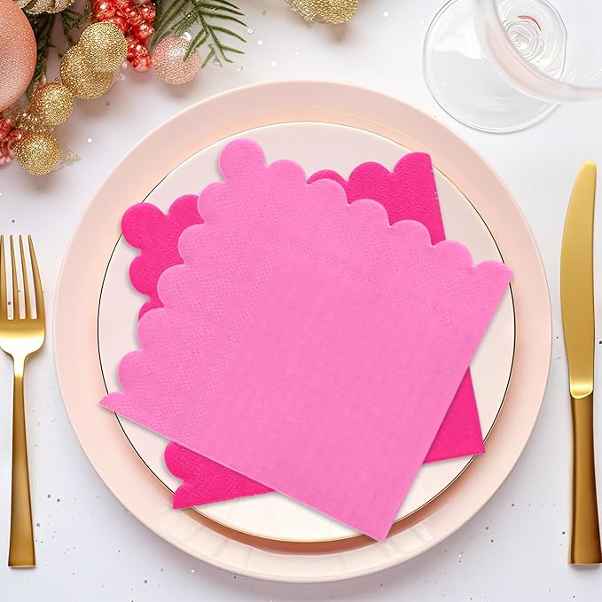 Whaline 150Pcs Hot Pink Scalloped Cocktail Napkins 3 Gradient Pink Colors Paper Napkins Disposable Dinner Beverage Napkins for Baby Shower Wedding Birthday Party Supplies Table Decor, 5 x 5 Inch