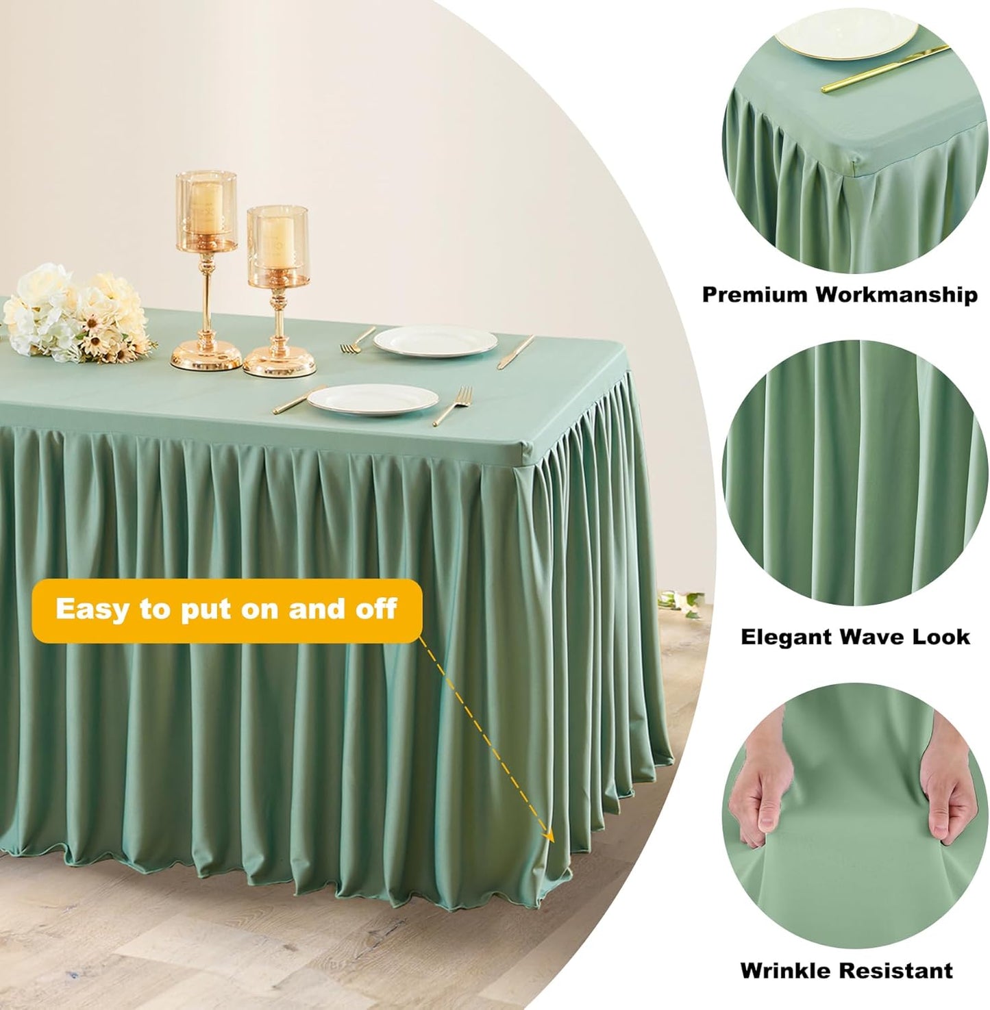 Sage Green Table Clothes for Rectangle Tables 6ft, Wrinkle Resistant Fitted Table Cloth with Pleated Ruffle Skirts for Banquet Wedding Baby Shower Folding Tables
