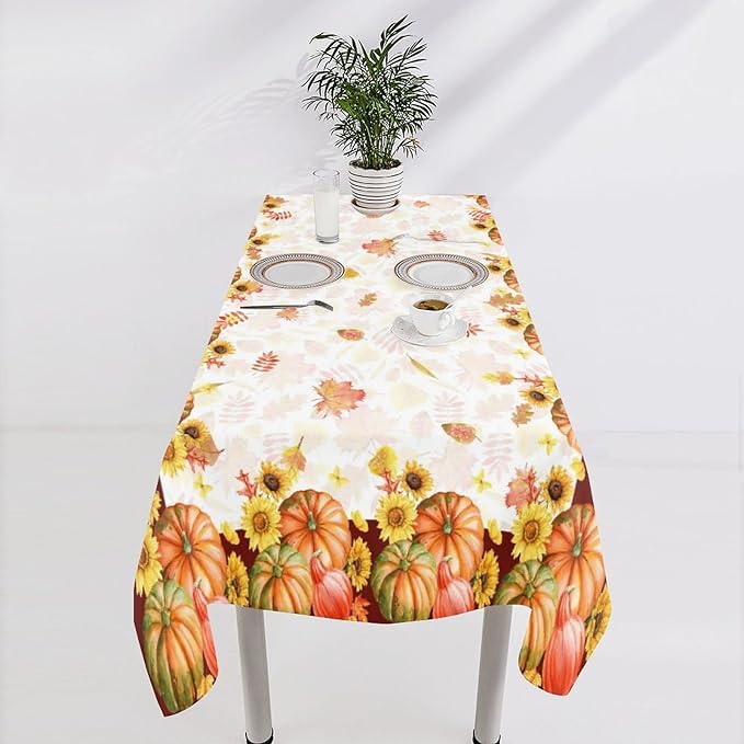 Autumn Thanksgiving Pumpkin Tablecloth, Vintage Retro Maple Leaves Watercolor Yellow Sunflower Fall Harvest Table Cover for Party Picnic Dinner Kitchen 60x110 Inch Rectangle