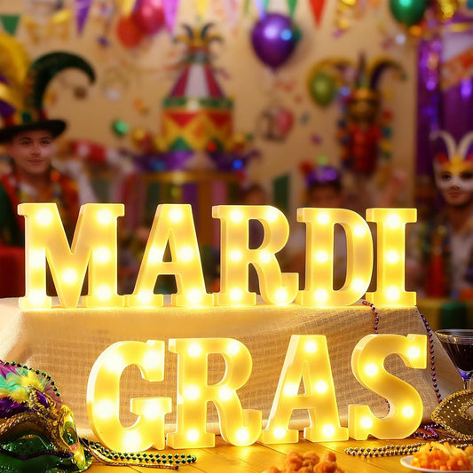 9 Pcs Mardi Gras Large LED Letter Sign LED Lights Battery Powered Table Decoration for Party Gift Tabletop Decoration