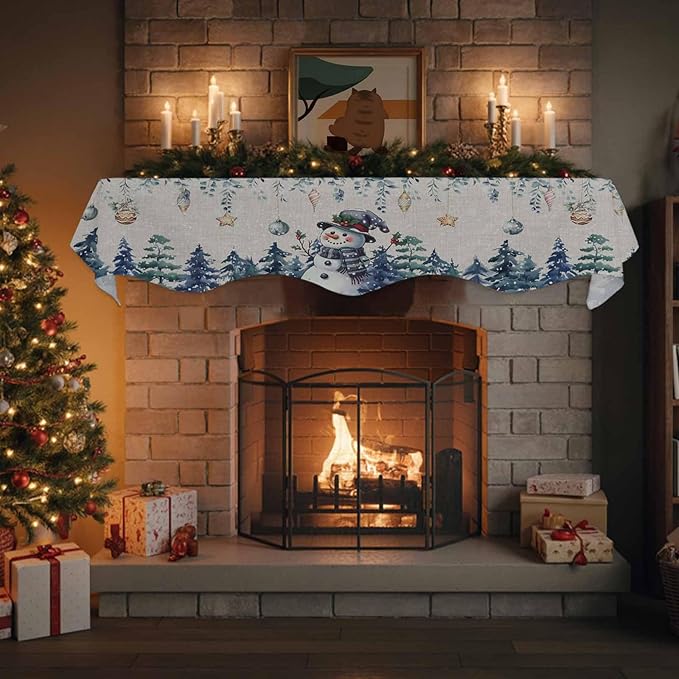 Blue Snowman Christmas Fireplace Mantel Scarf Table Runner, Xmas Snowflake Eucalyptus Leaves Rustic Winter Garland Mantel Top Tablerunners Dresser Scarves Cover for Windows Party Living Room 60''x17''