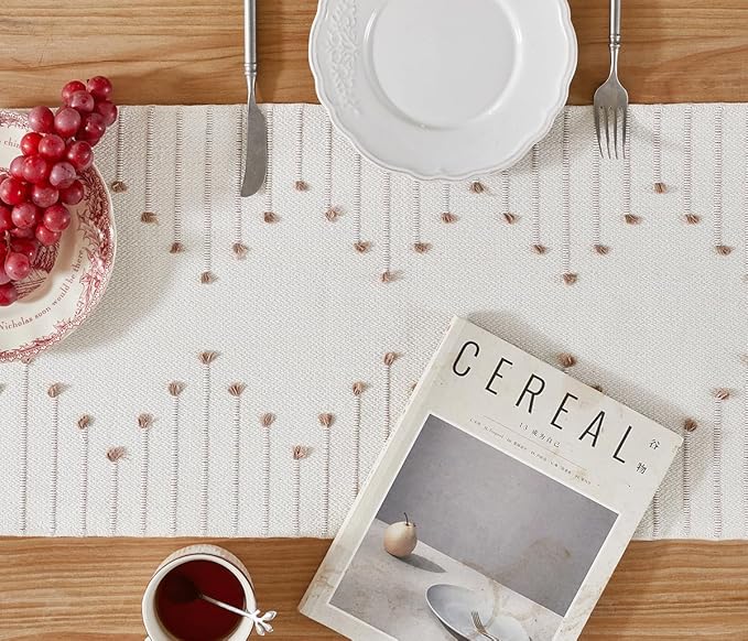 Wracra Boho Table Runner, Natural Cotton Woven Macrame Table Runners 108 Inches Long for Modern Farmhouse Woven Home Decor, 14x108 Inch, Taupe