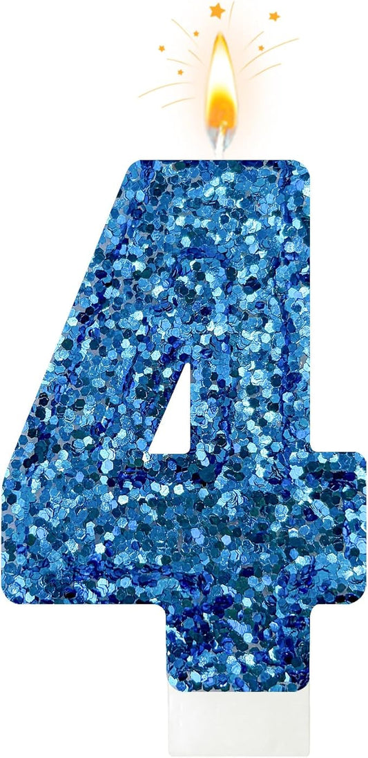 Zailo Birthday Number Candles, Glitter Number Candle Cake Decorations with Sequins, Cupcake Decorations for Girls, Women, Party Anniversary Celebrations (Number 4, Blue)