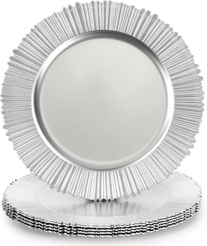 13" Line Silver Charger Plates, Classic Chargers for Dinner Plates, Reusable Plastic Table Setting Bulk Event, Party, Wedding, Festival, Baby Shower