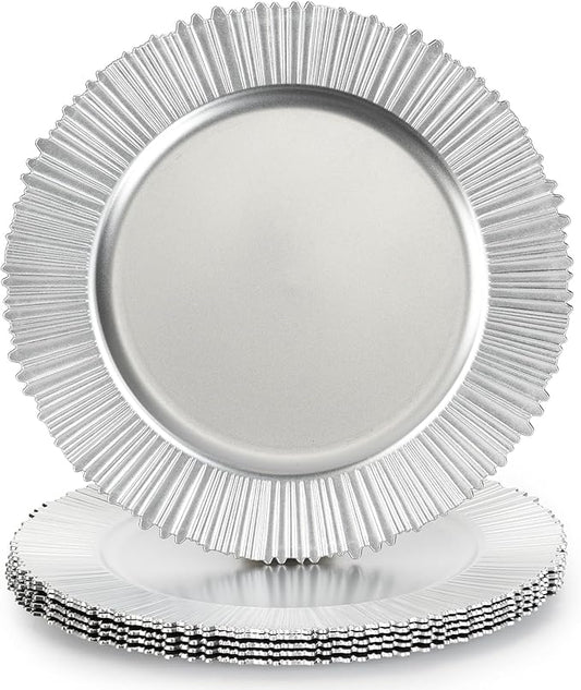 13" Line Silver Charger Plates, Classic Chargers for Dinner Plates, Reusable Plastic Table Setting Bulk Event, Party, Wedding, Festival, Baby Shower