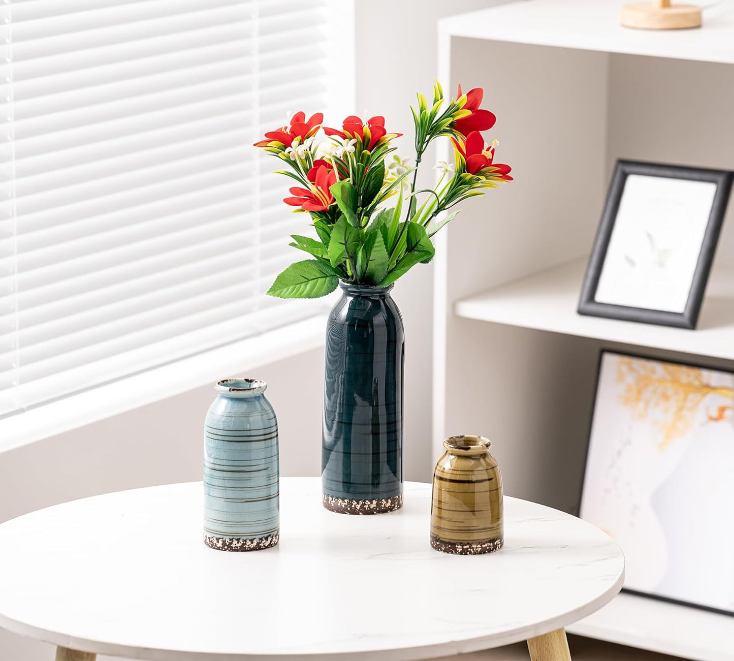 Ceramic Vase Set of 3, Glossy Glazed Surface 8.7" Tall Table Modern Farmhouse Decorative Small Flower Vase for Christmas Home Decor Bookshelf Living Room Bedroom Blue