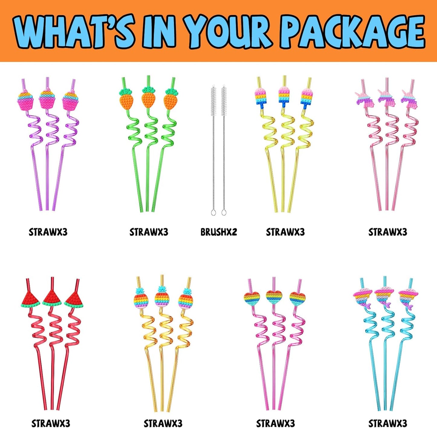 24 Pop Birthday Party Favors it Plastic Drinking Straws 8 Pop Fidget Designs Great for Pop Party Supplies with 2 Cleaning Brush