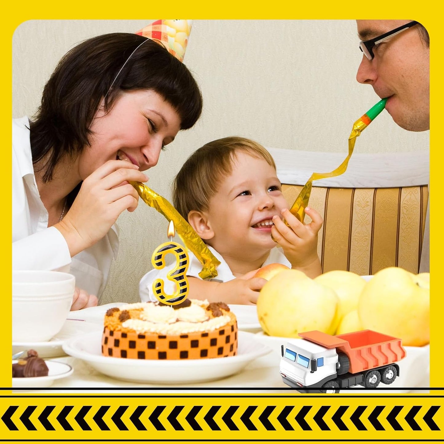 Construction Number 3 Candle, Number 3, Modern, Yellow+Black, Uniscented, Long Burning, Odorless, Indoor, All Season, Construction Themed Birthday Candle