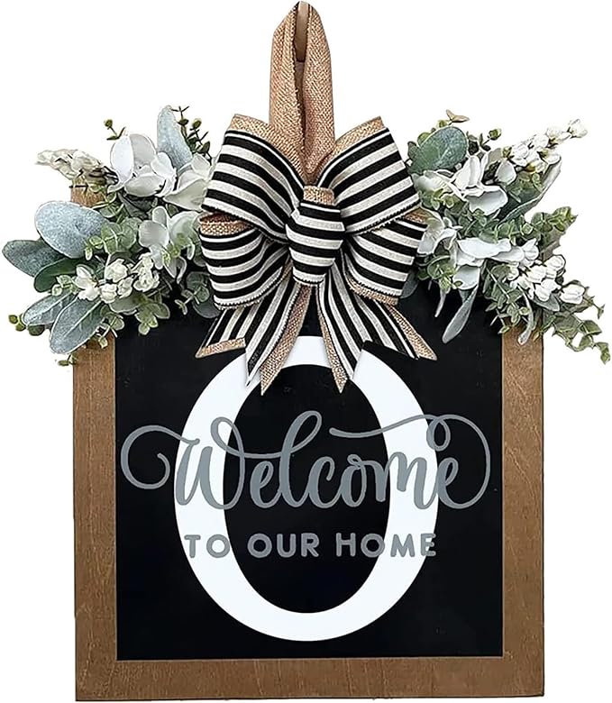 Last Name Year Round Front Door Wreath Front Porch Decoration 26 Letter Welcome Sign with Eucalyptus Garland and Bow Spring Wreaths for Front Door Outside Hanger Garland（O）