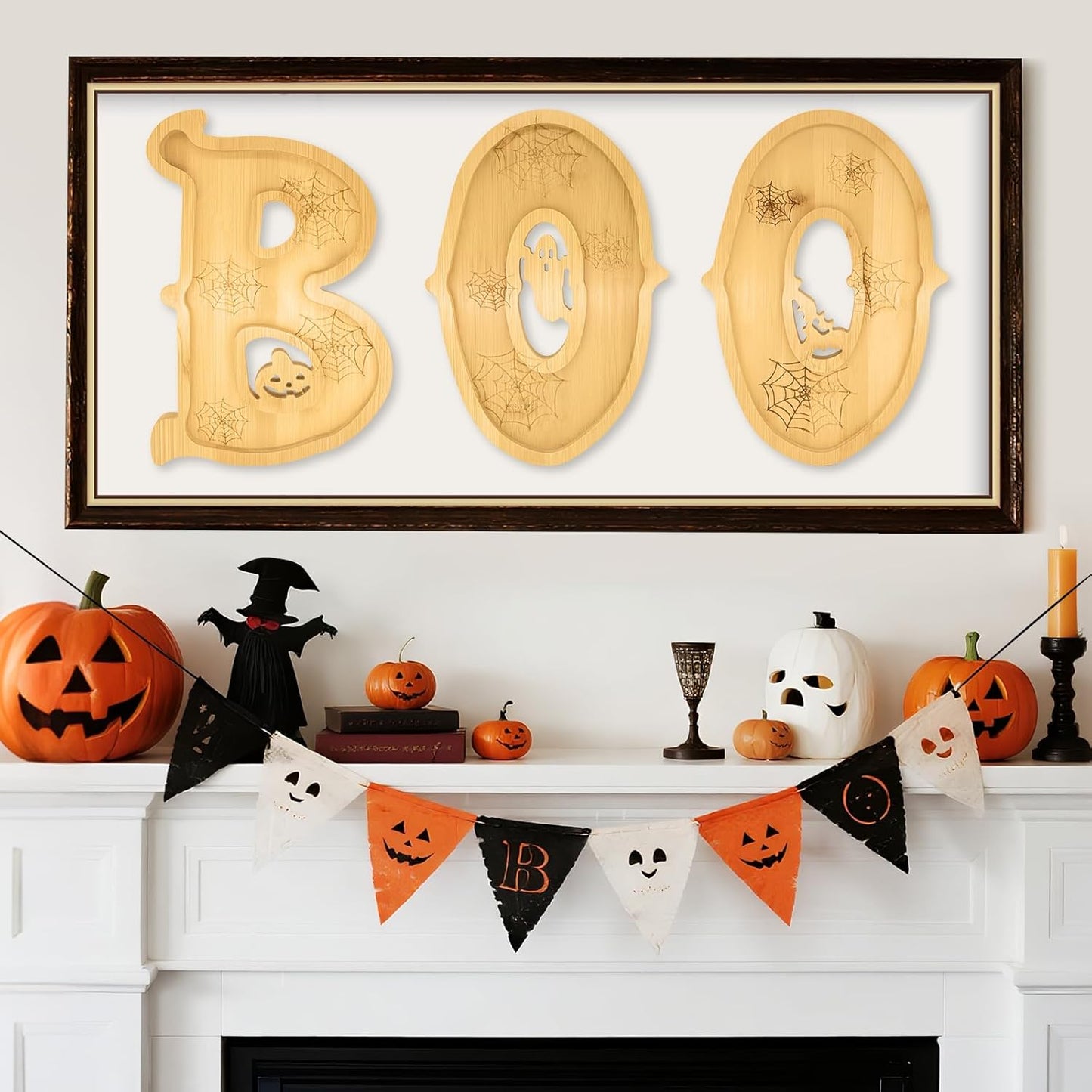 3PCS Wooden Halloween Decorations Letters Charcuterie Board Box-(with 14 Balloons) BOO Charcuterie Letters Fillable Food Halloween Party Supplies Halloween Party Table Decoration Food Tray Platter