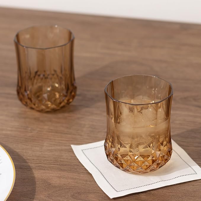 Efavormart 6 Pack Amber Gold Crystal Cut Plastic Stemless Wine Glasses, 8oz Shatterproof Reusable All-Purpose Whiskey Cups