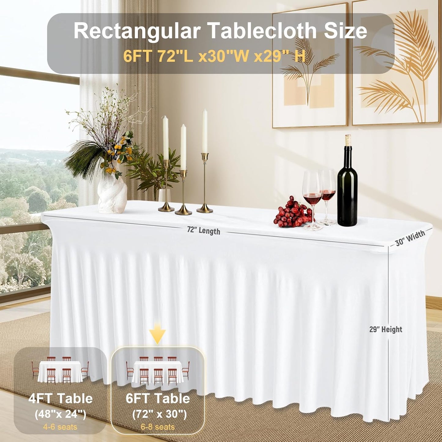6FT White Rectangle Tablecloth with Elastic Table Skirt – Wrinkle-Free Spandex Stretch Fitted Table Cover for Wedding Birthday Party Banquet Buffet Restaurant Event