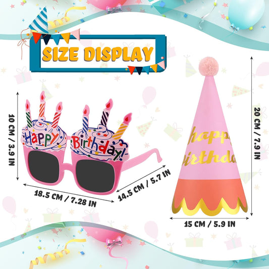 16 Pcs Birthday Party Hats Party Cone Hat with Pom Poms Birthday Glasses Photo Booth Props for Kids Adults (Cute Style)