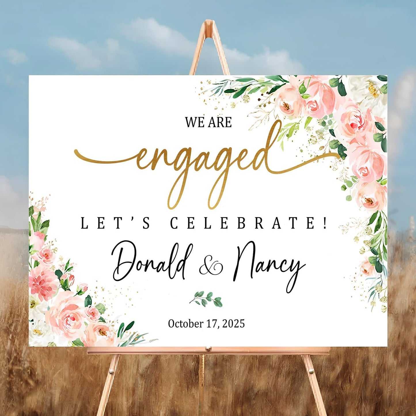 We Are Engaged Sign, Floral Engagement Signs For A Party, Engagement Party Gifts For Couples, Engaged Party Decorations, Wedding Welcome Sign With Stand