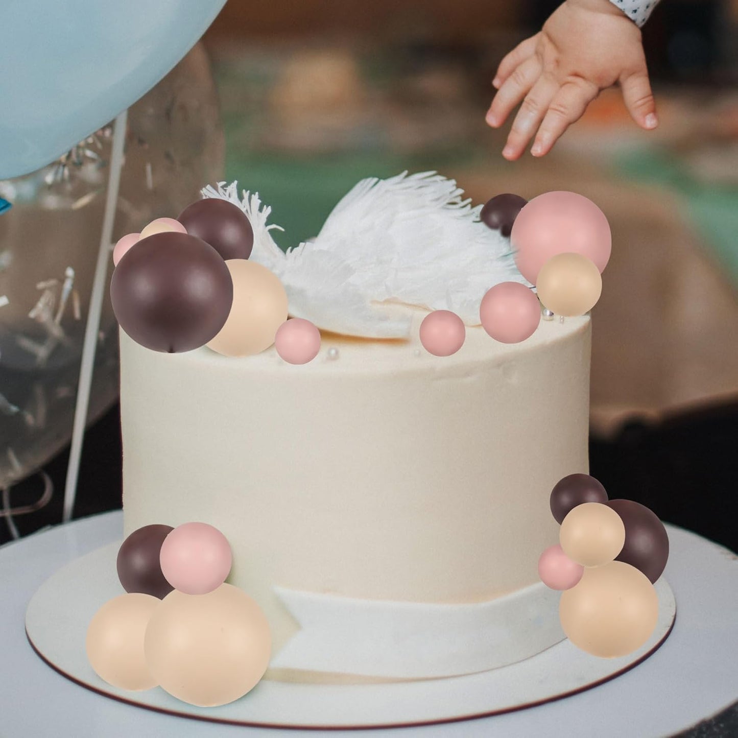 Gyufise 30Pcs Mini Balloon Cake Topper Brown Foam Ball Cake Topper Decorations Faux Pearl Balls DIY Cake Insert Topper Baking Decoration for Wedding Baby Shower Girls Boys Birthday Party Supplies