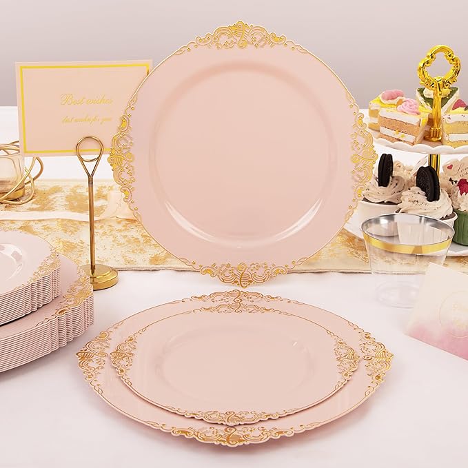Nervure 175PCS Pink Plastic Plates - Disposable Pink Gold Party Plates & Pre Rolled Napkins with Cutlery for 25 Guests, 50Plates, 75Silverware, 25Cups, 25Napkin for Wedding & Party & Valentines